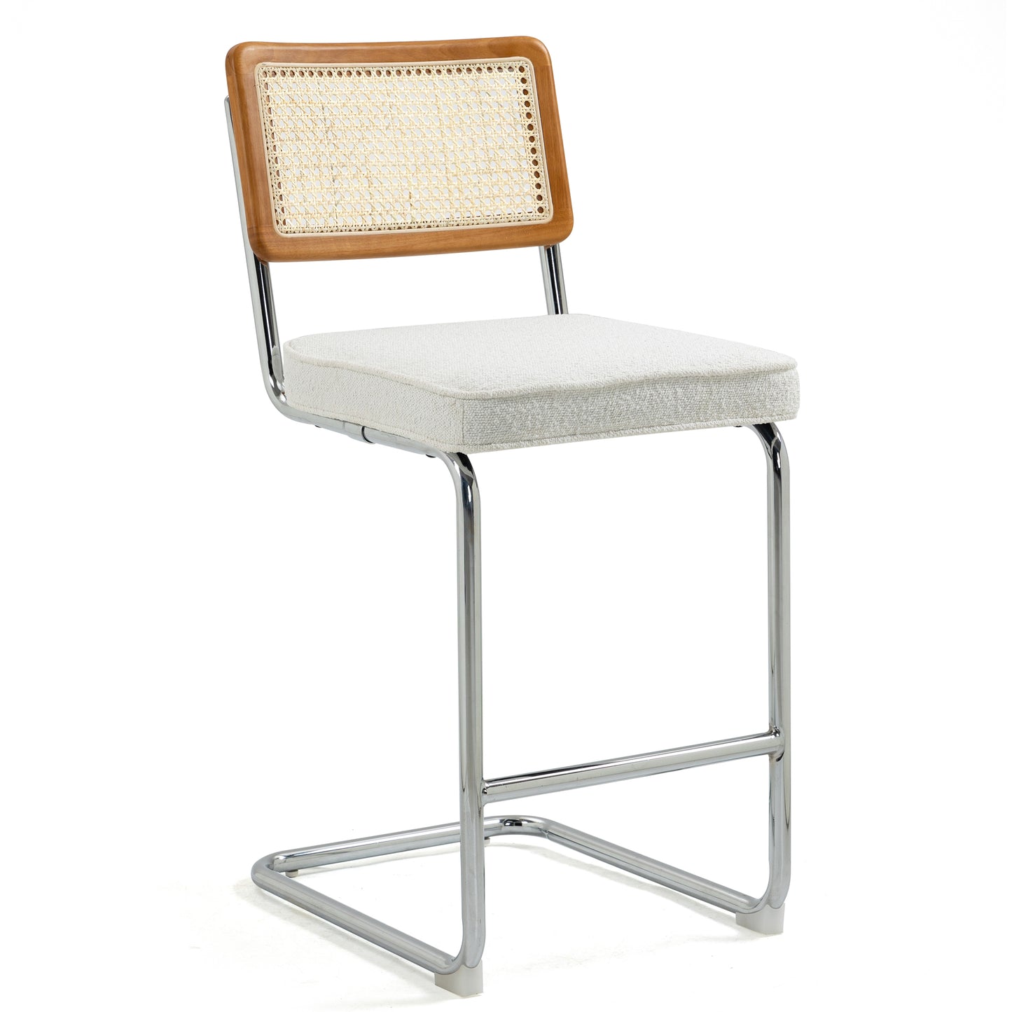 Set of 2 Ayers White Boucle Fabric Counter Stool with Rattan Backrest and Chrome Legs