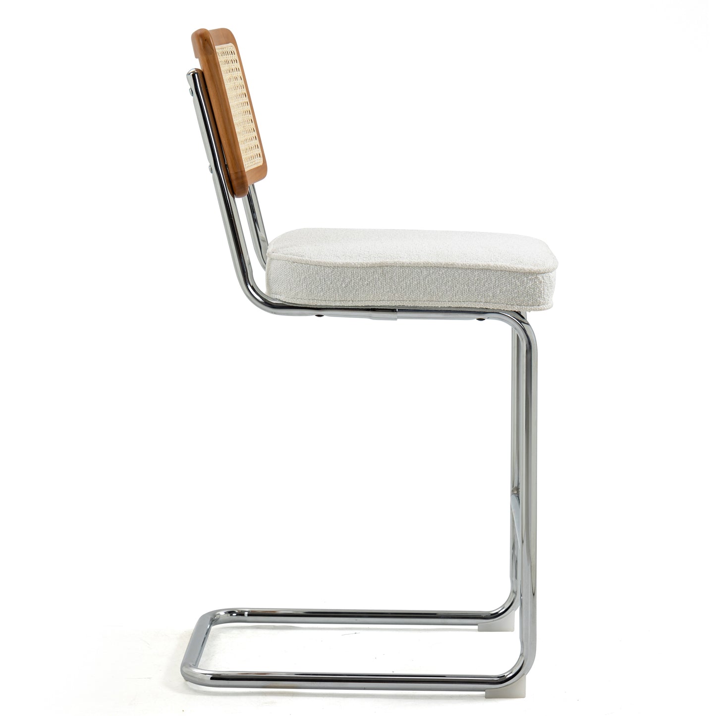 Set of 2 Ayers White Boucle Fabric Counter Stool with Rattan Backrest and Chrome Legs