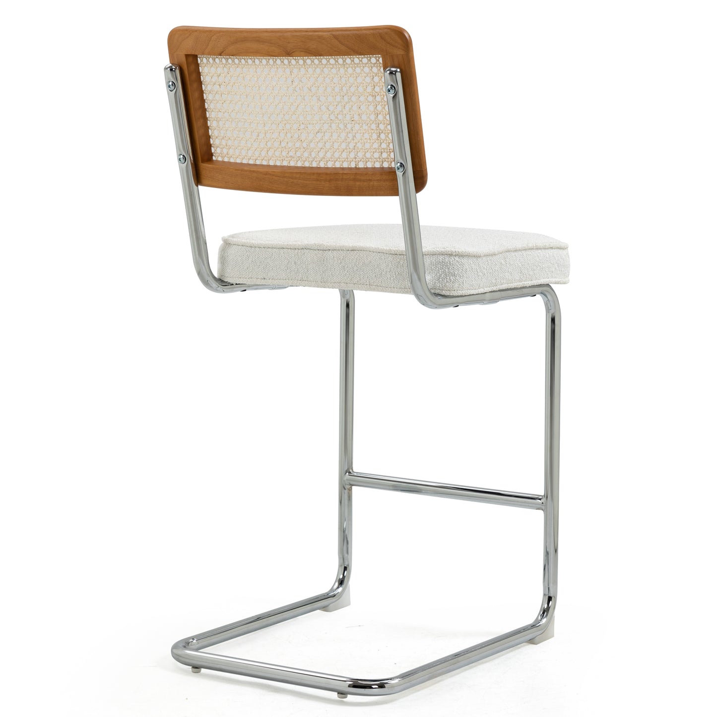 Set of 2 Ayers White Boucle Fabric Counter Stool with Rattan Backrest and Chrome Legs