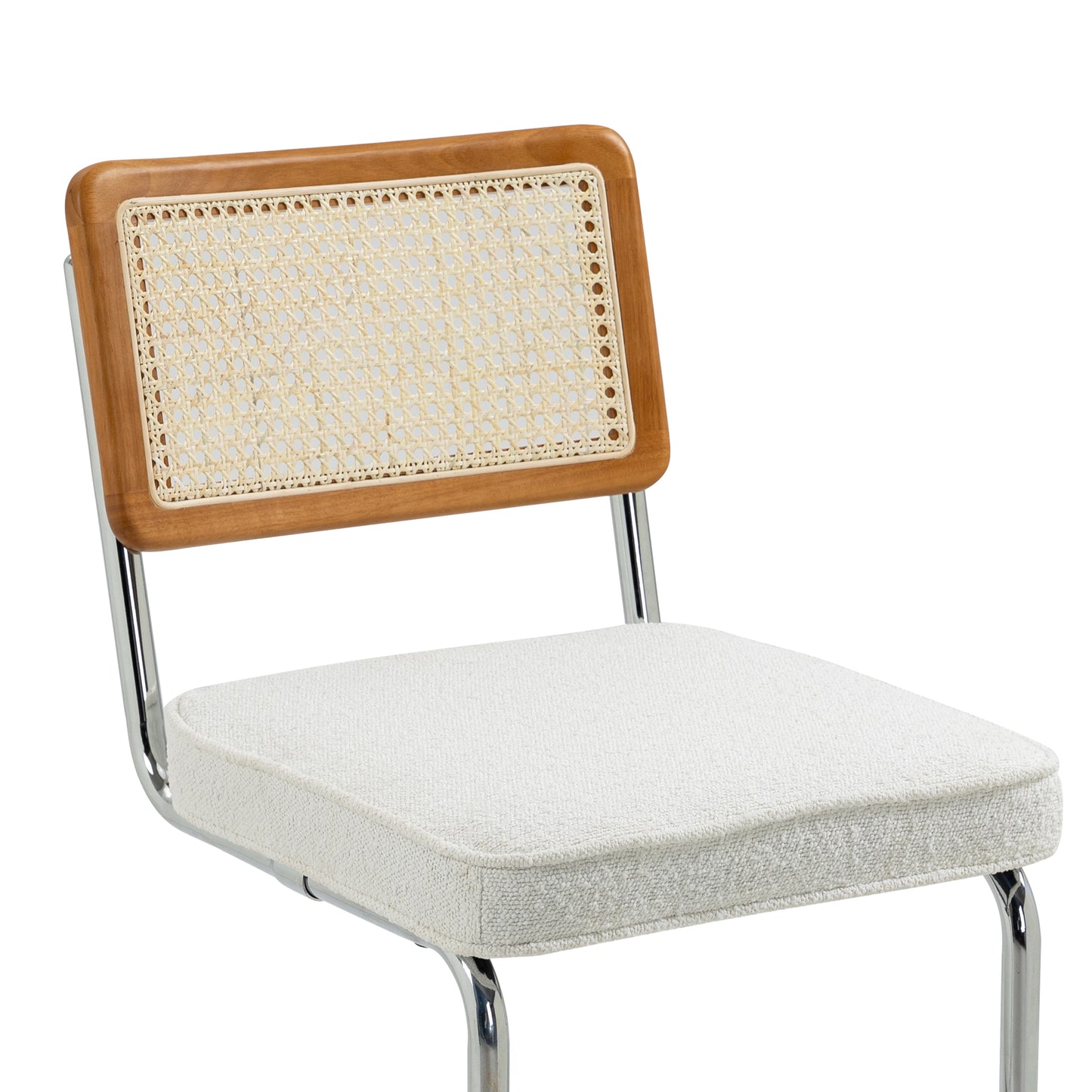 Set of 2 Ayers White Boucle Fabric Counter Stool with Rattan Backrest and Chrome Legs