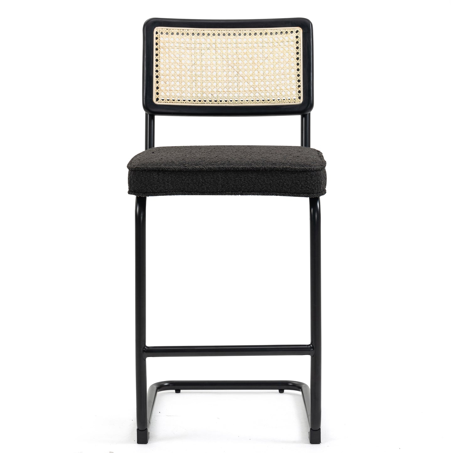 Set of 2 Ayers Black Boucle Fabric Counter Stool with Rattan Backrest and Black Steel Legs