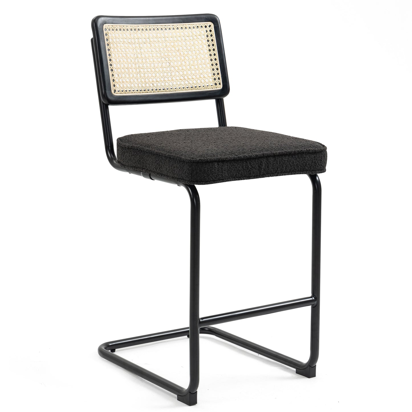 Set of 2 Ayers Black Boucle Fabric Counter Stool with Rattan Backrest and Black Steel Legs
