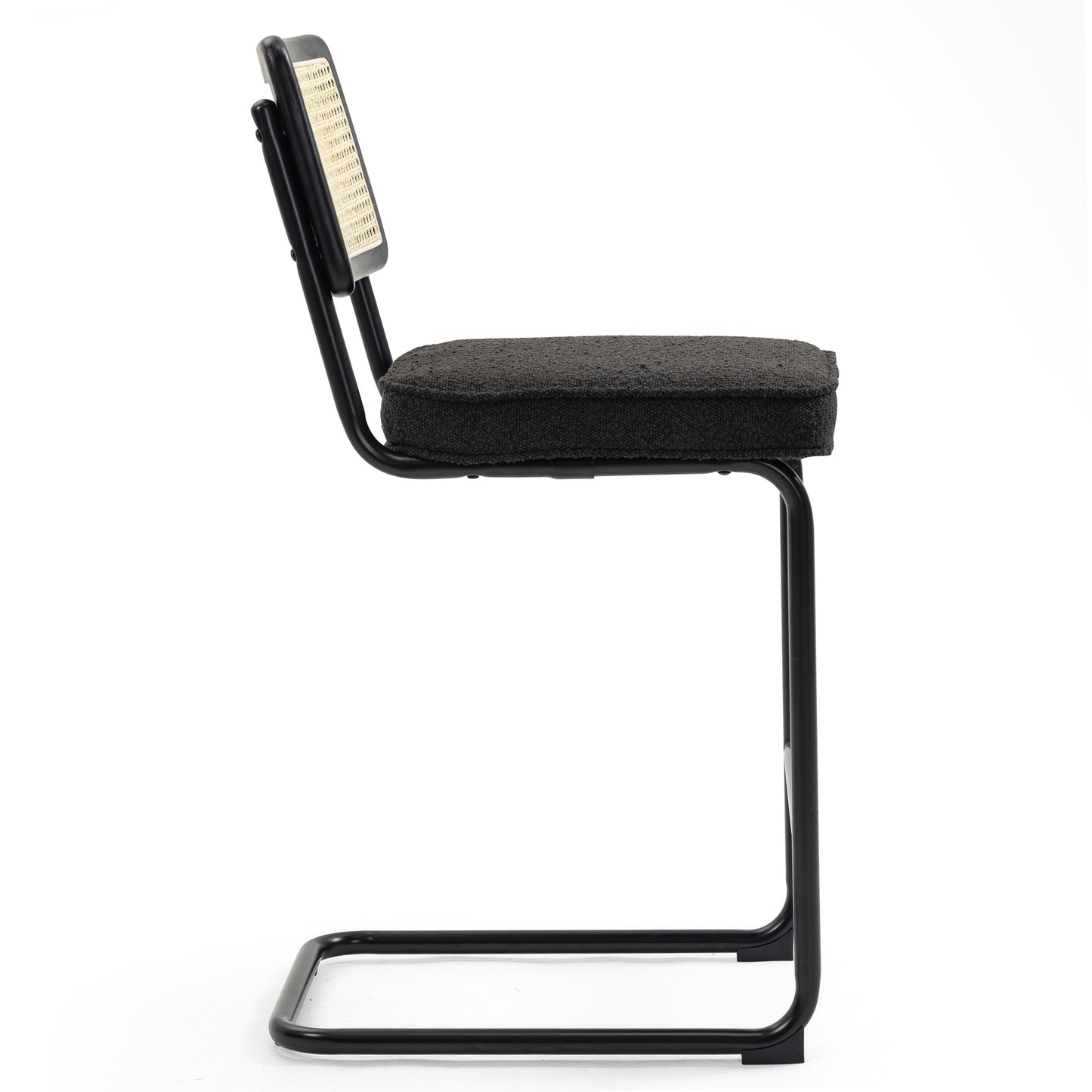 Set of 2 Ayers Black Boucle Fabric Counter Stool with Rattan Backrest and Black Steel Legs