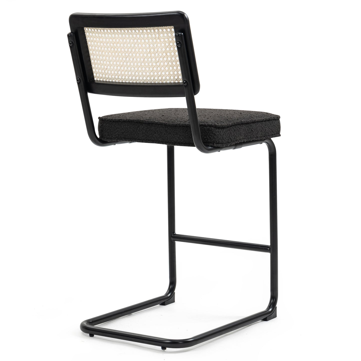 Set of 2 Ayers Black Boucle Fabric Counter Stool with Rattan Backrest and Black Steel Legs