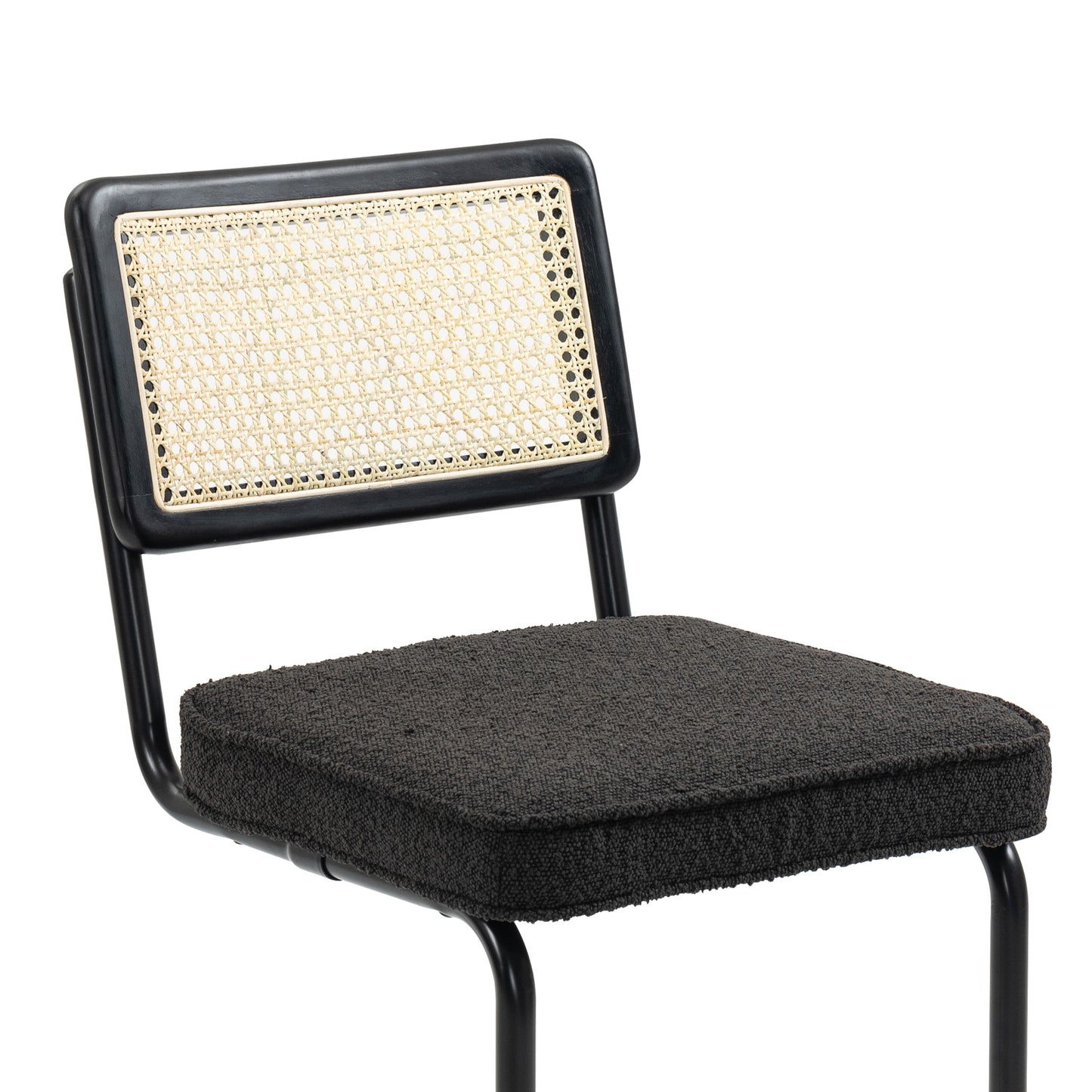 Set of 2 Ayers Black Boucle Fabric Counter Stool with Rattan Backrest and Black Steel Legs