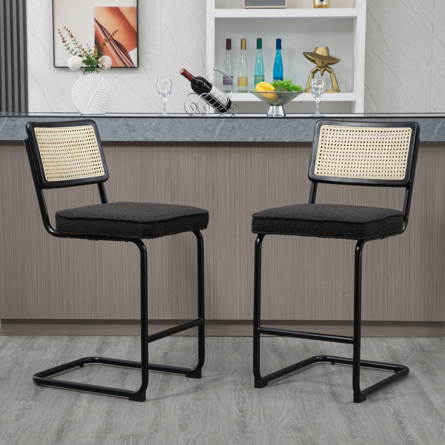Set of 2 Ayers Black Boucle Fabric Counter Stool with Rattan Backrest and Black Steel Legs