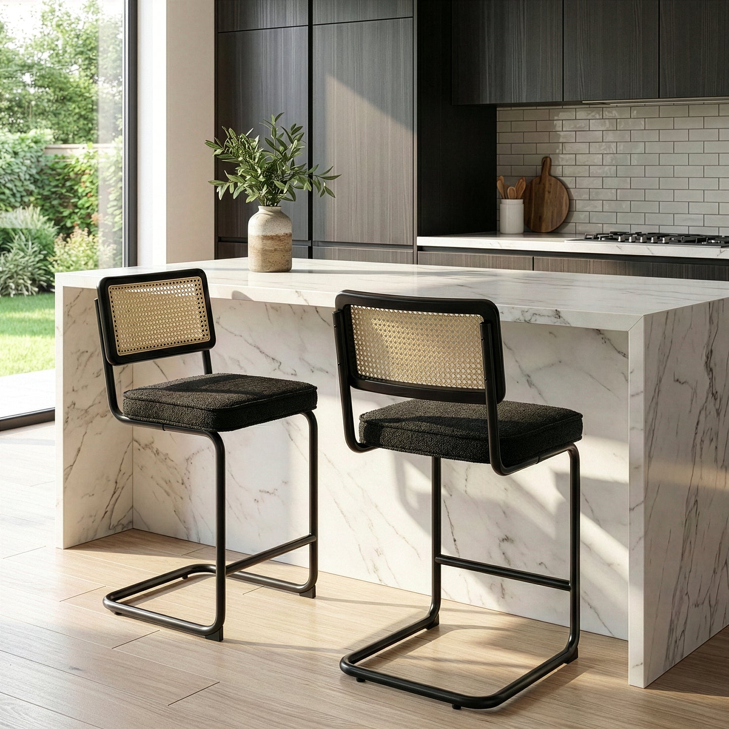 Set of 2 Ayers Black Boucle Fabric Counter Stool with Rattan Backrest and Black Steel Legs