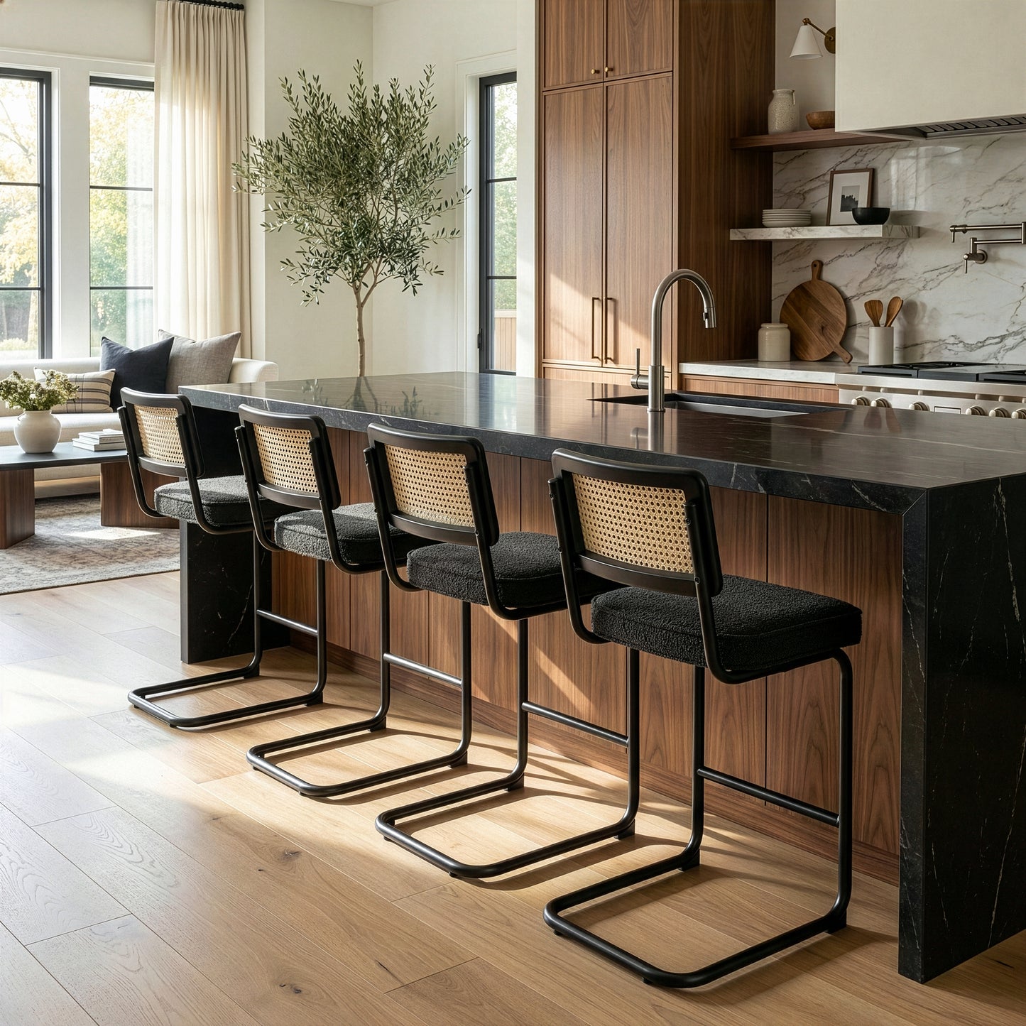 Set of 2 Ayers Black Boucle Fabric Counter Stool with Rattan Backrest and Black Steel Legs