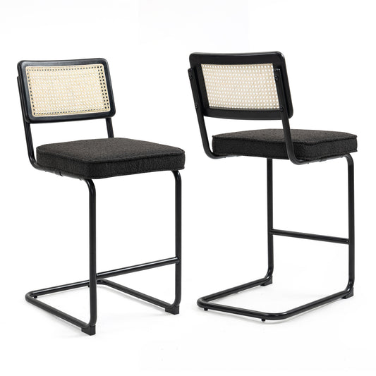 Set of 2 Ayers Black Boucle Fabric Counter Stool with Rattan Backrest and Black Steel Legs