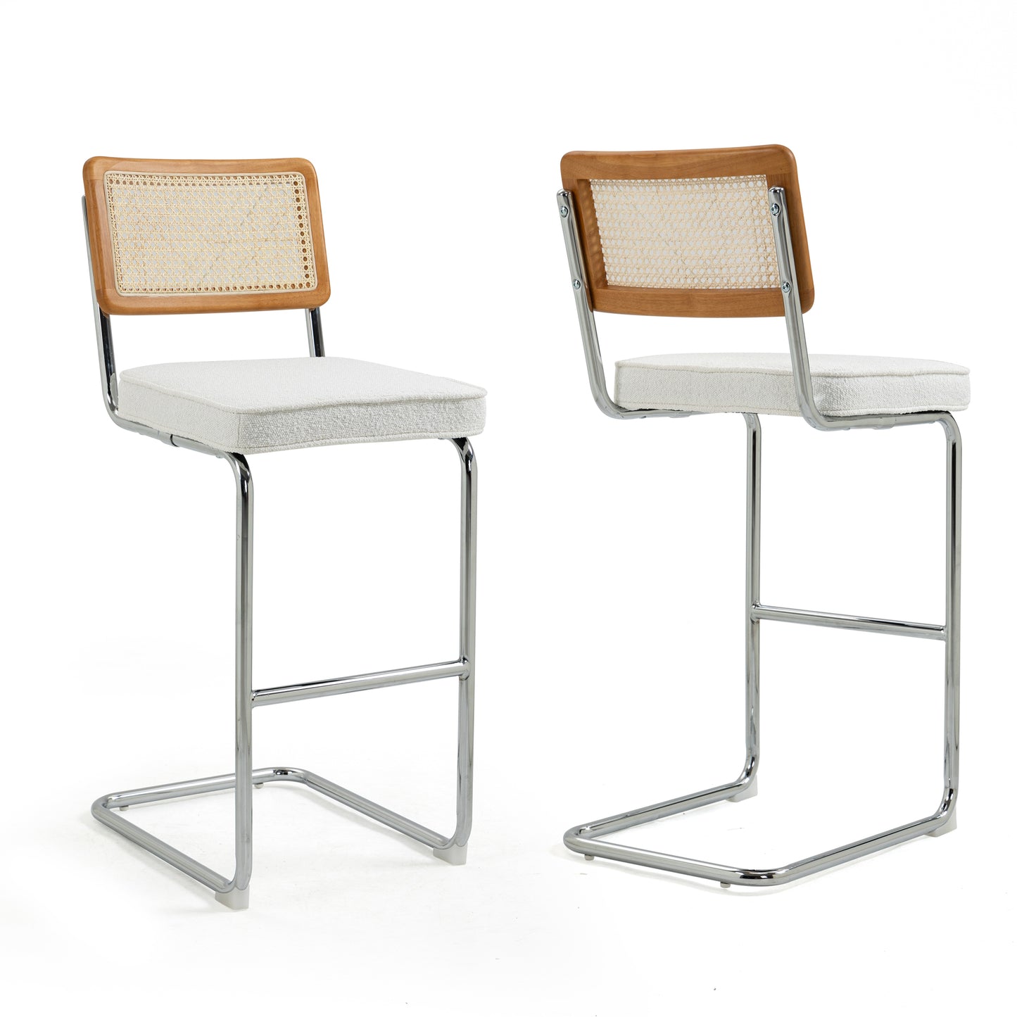 Set of 2 Ayo White Boucle Fabric Bar Stool with Rattan Backrest and Silver Steel Legs
