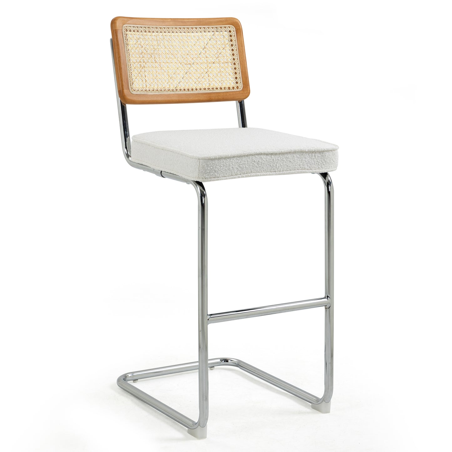 Set of 2 Ayo White Boucle Fabric Bar Stool with Rattan Backrest and Silver Steel Legs
