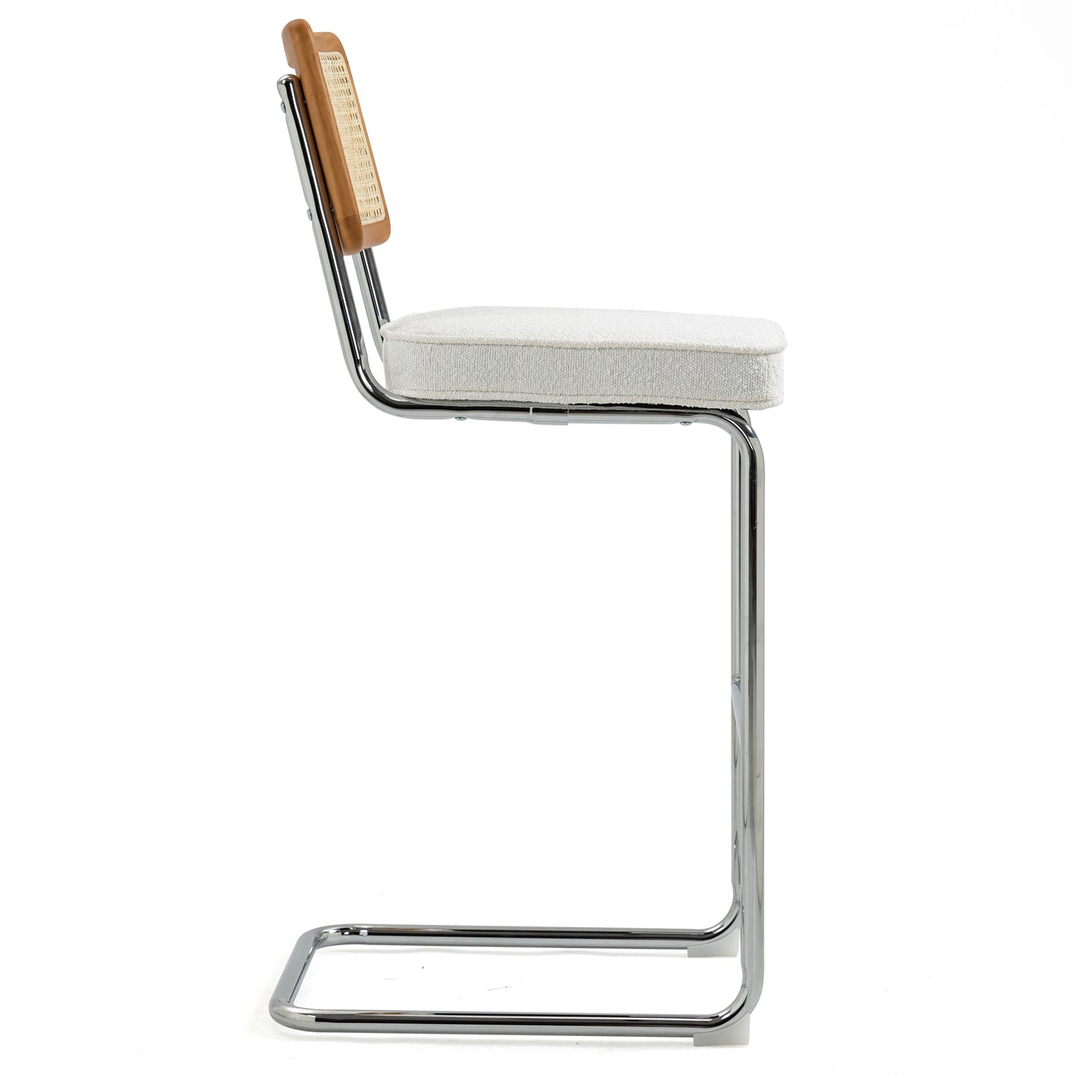 Set of 2 Ayo White Boucle Fabric Bar Stool with Rattan Backrest and Silver Steel Legs