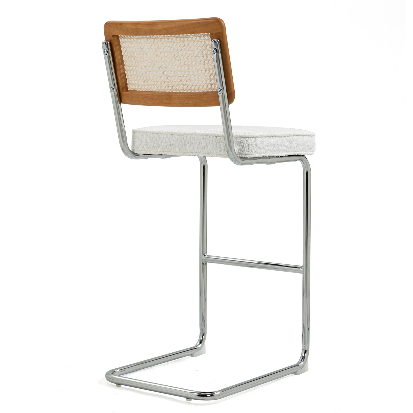 Set of 2 Ayo White Boucle Fabric Bar Stool with Rattan Backrest and Silver Steel Legs