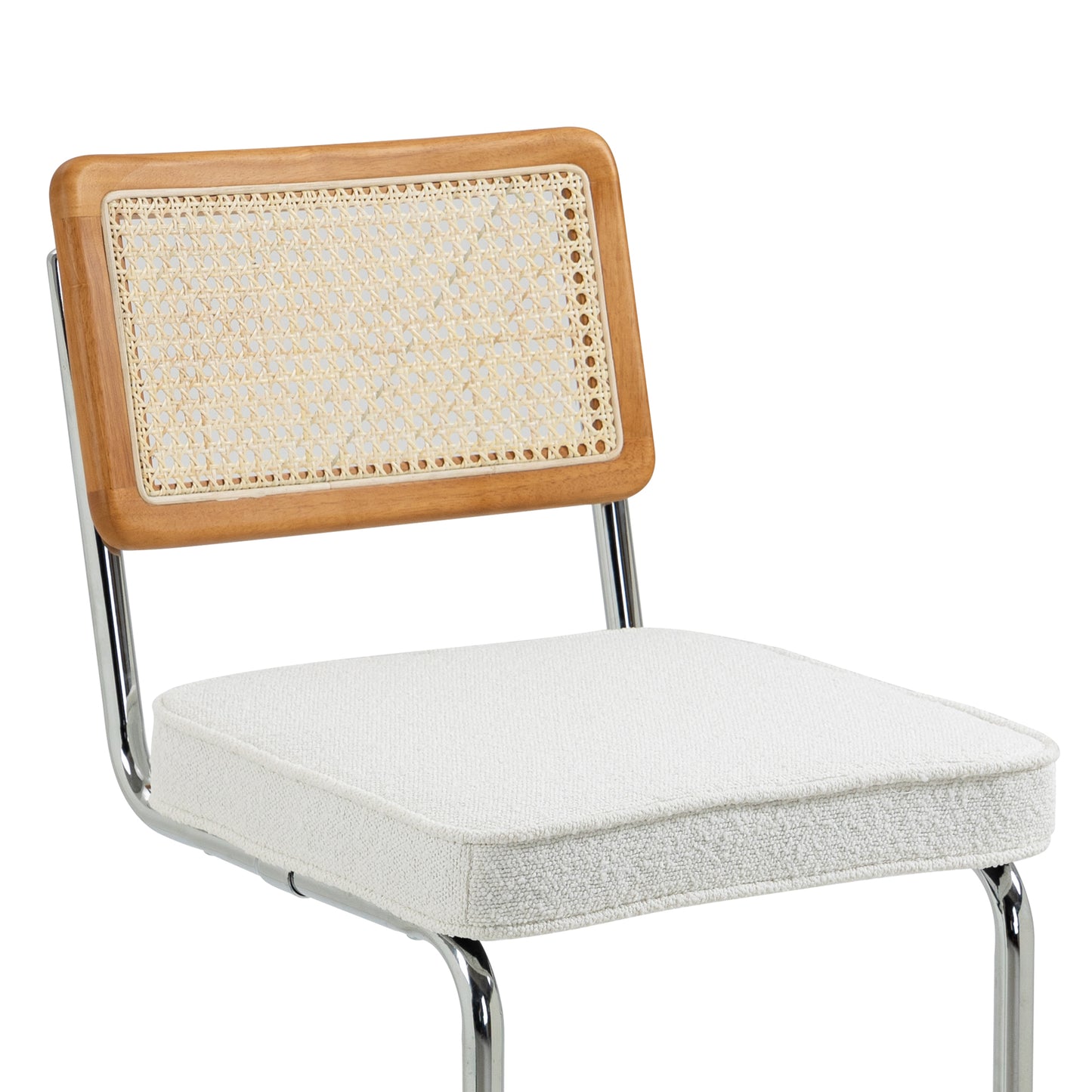 Set of 2 Ayo White Boucle Fabric Bar Stool with Rattan Backrest and Silver Steel Legs