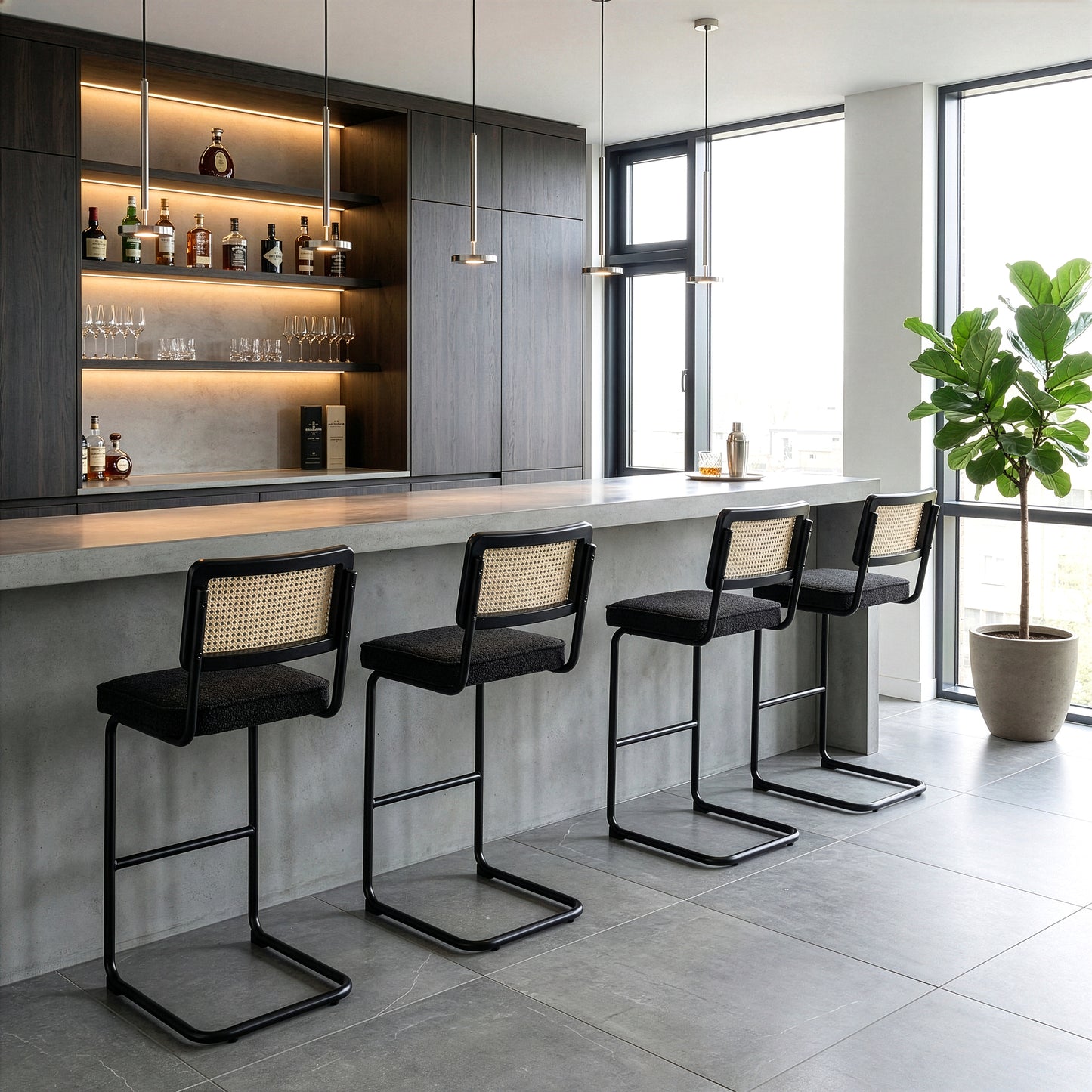 Set of 2 Ayo Black Boucle Fabric Bar Stool with Rattan Backrest and Black Steel Legs