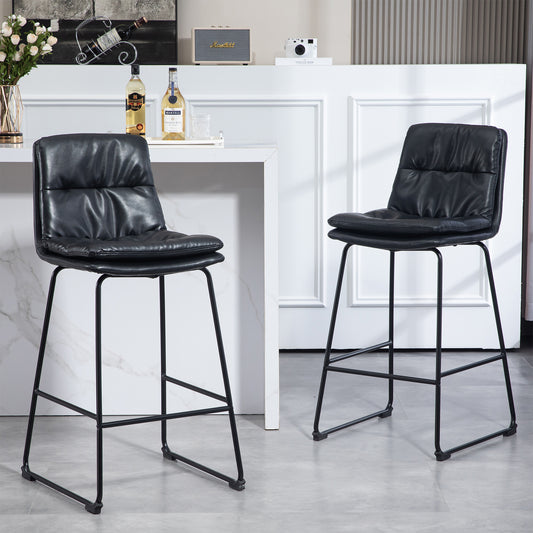 Set of 2 Bauer Black Faux Leather Bar Stool with Black Iron Legs