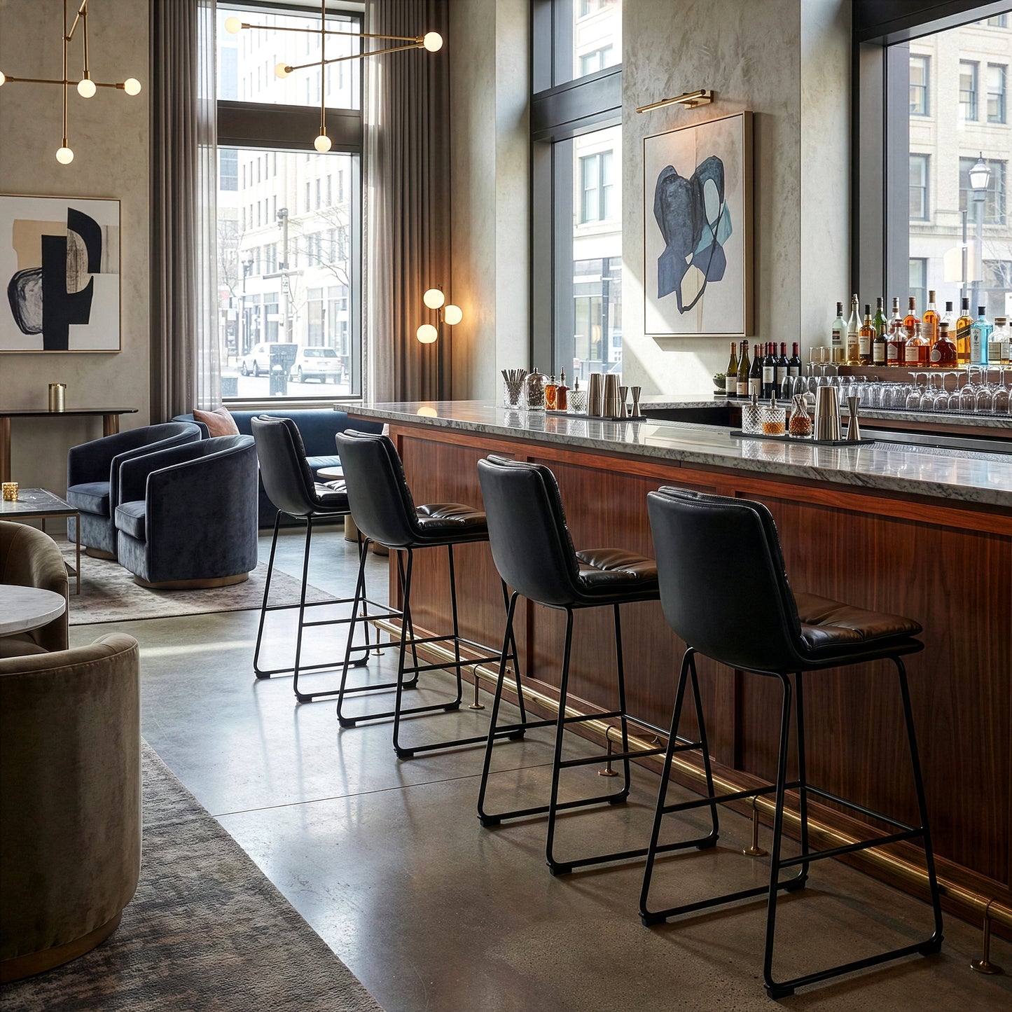 Set of 2 Bauer Black Faux Leather Bar Stool with Black Iron Legs