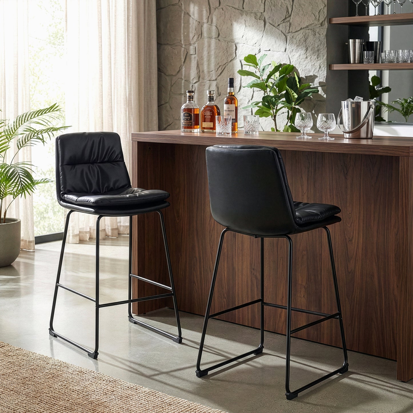 Set of 2 Bauer Black Faux Leather Bar Stool with Black Iron Legs