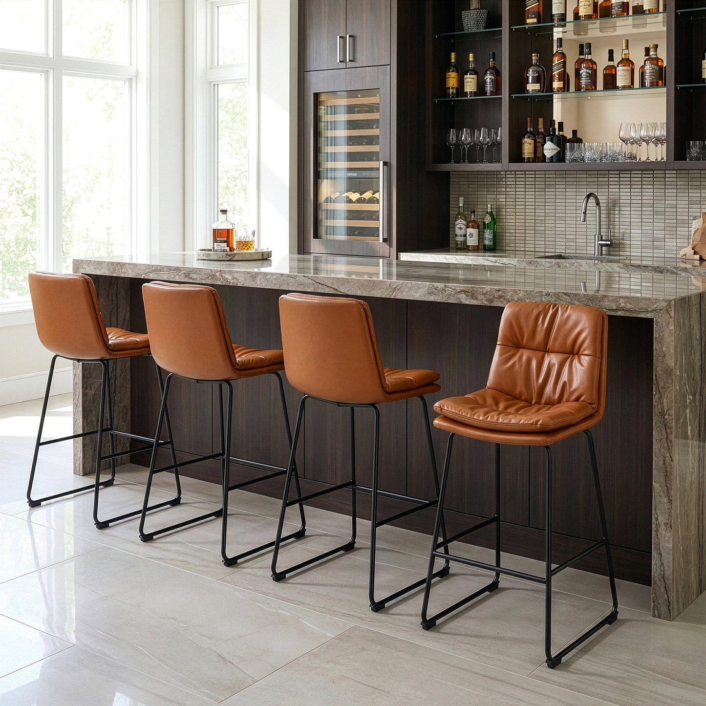Set of 2 Bauer Brown Faux Leather Bar Stool with Black Iron Legs