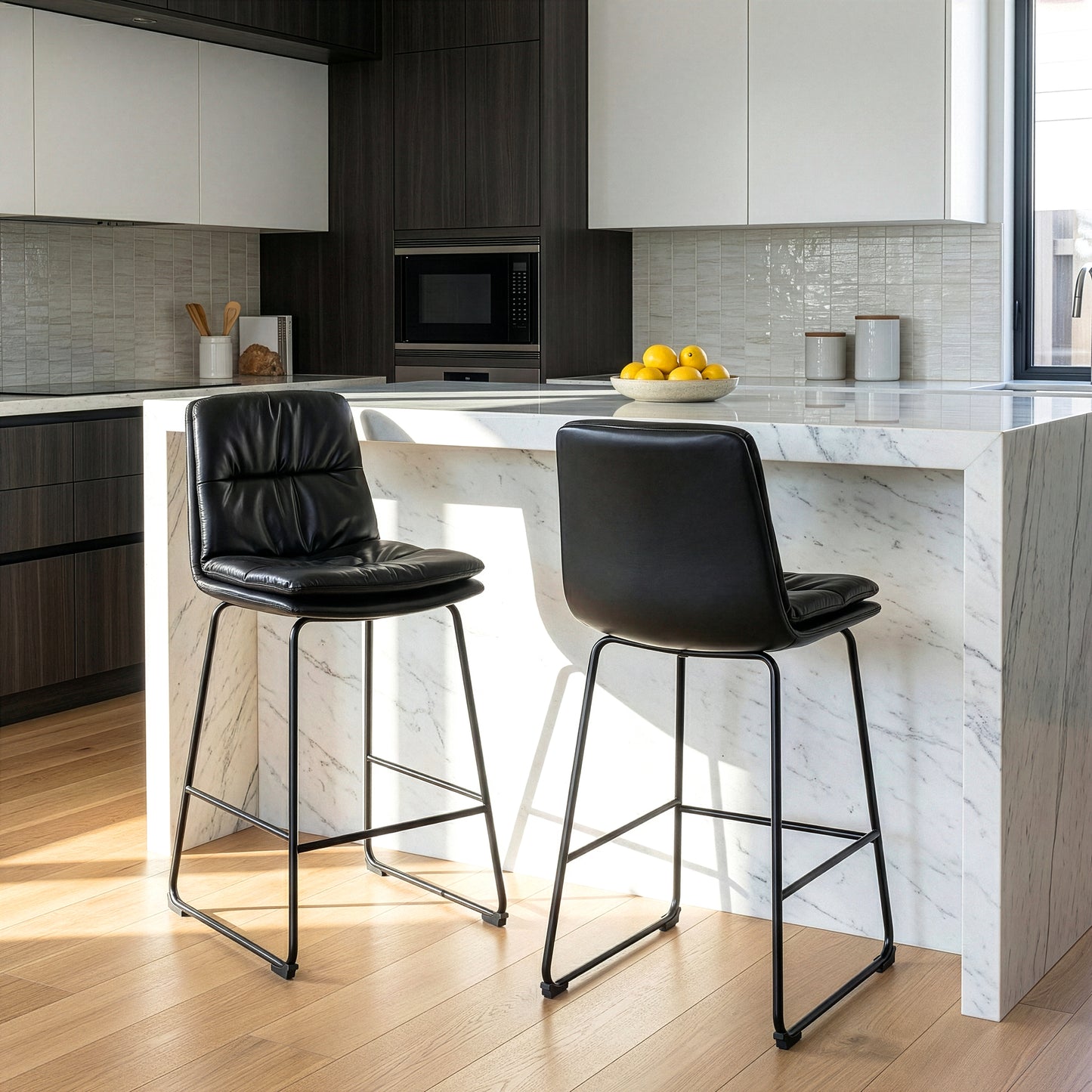 Set of 2 Bauer Black Faux Leather Counter Stool with Black Iron Legs