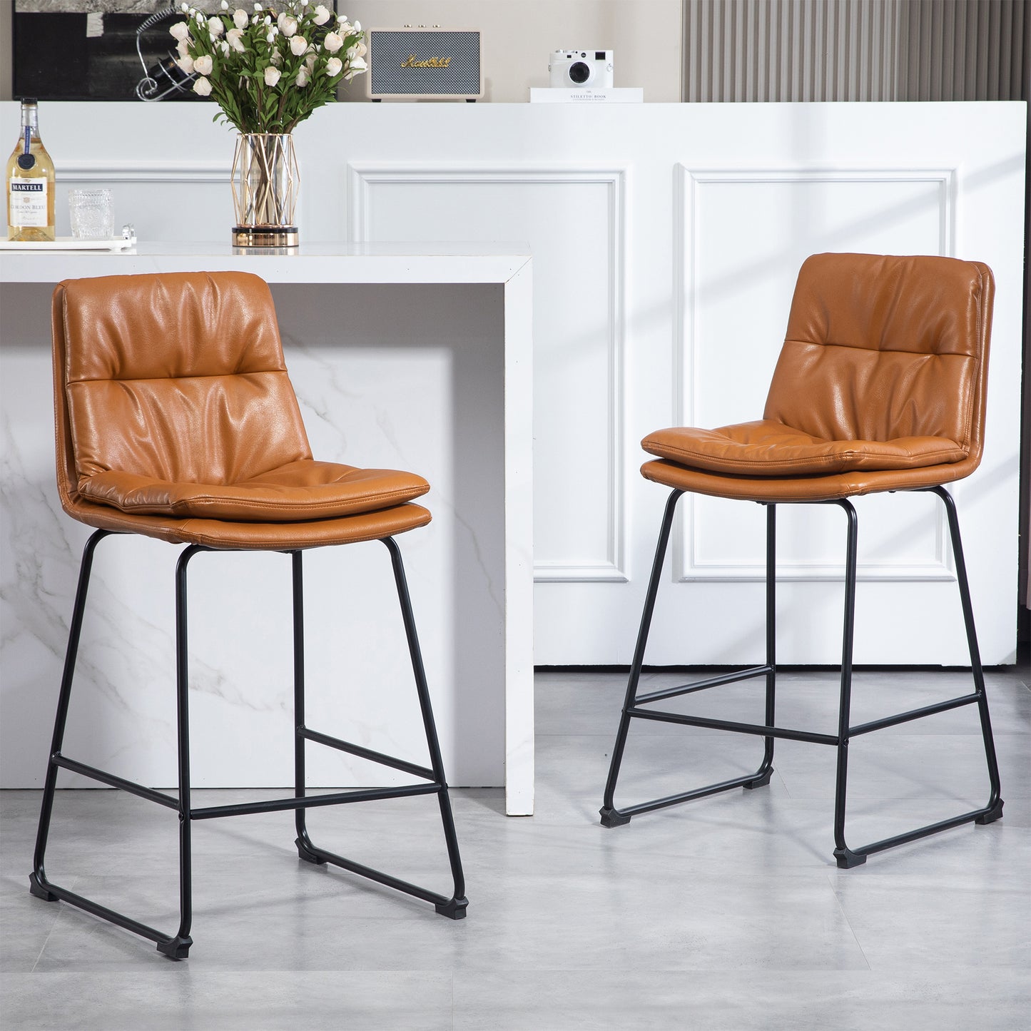 Set of 2 Bauer Brown Faux Leather Counter Stool with Black Iron Legs