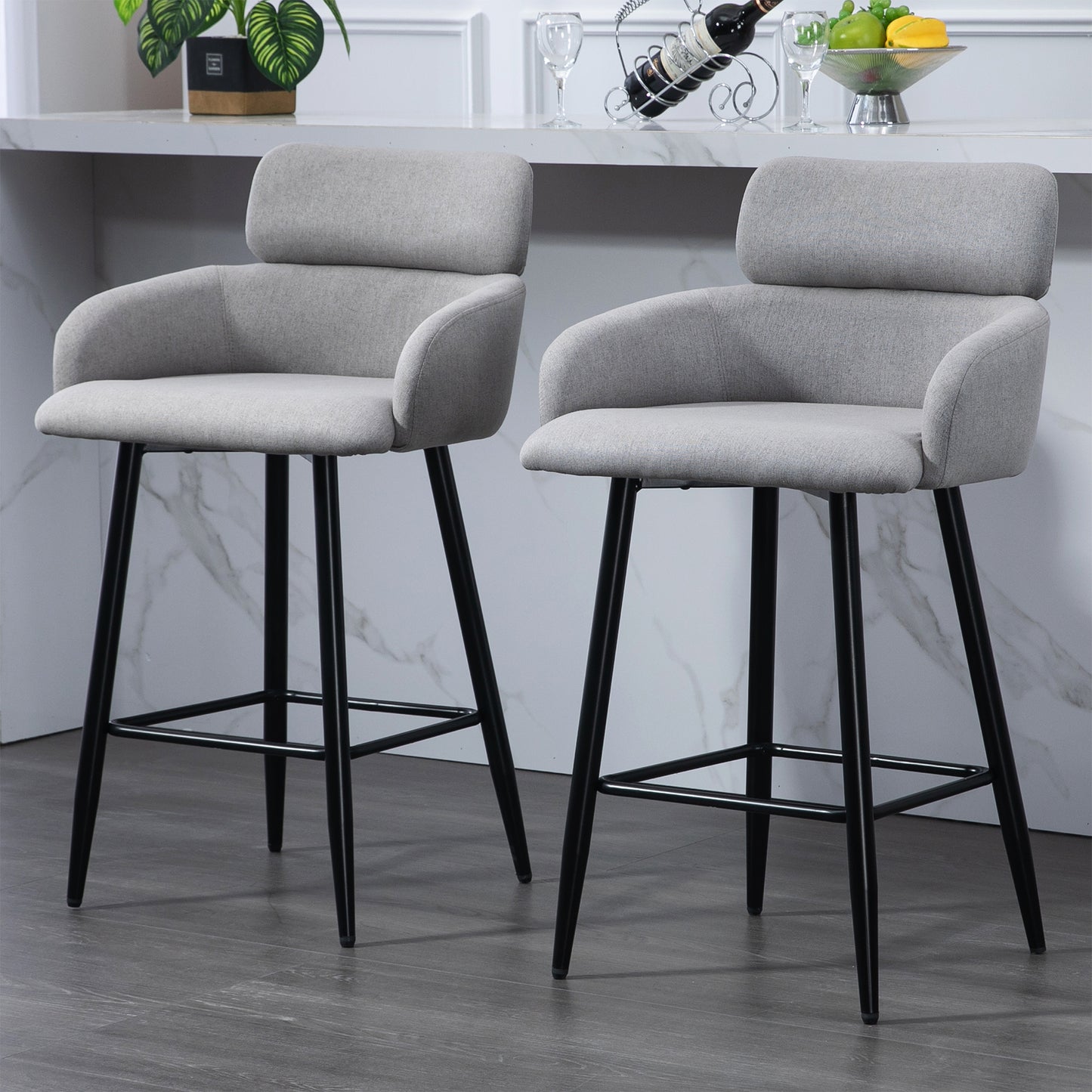 Set of 2 Barker Gray Fabric Tufted Bar Stool with Black Iron Legs