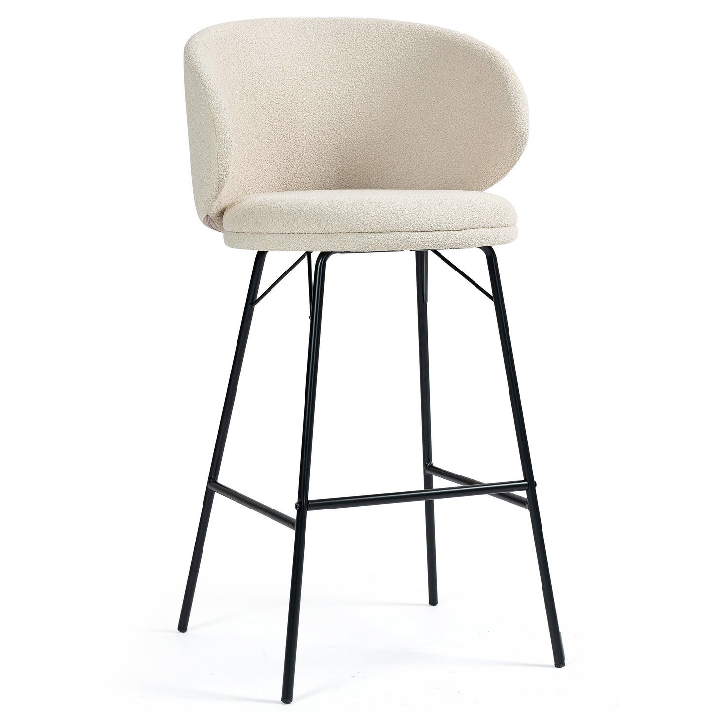 Set of 2 Baxter White Boucle Fabric Bar Stool with Black Iron Legs