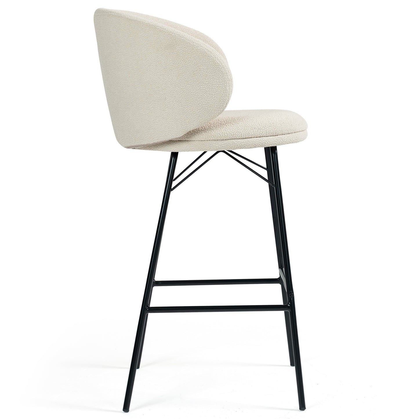 Set of 2 Baxter White Boucle Fabric Bar Stool with Black Iron Legs
