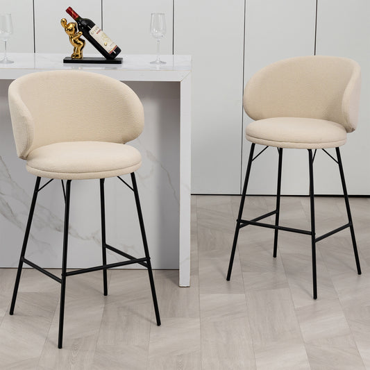 Set of 2 Baxter White Boucle Fabric Bar Stool with Black Iron Legs