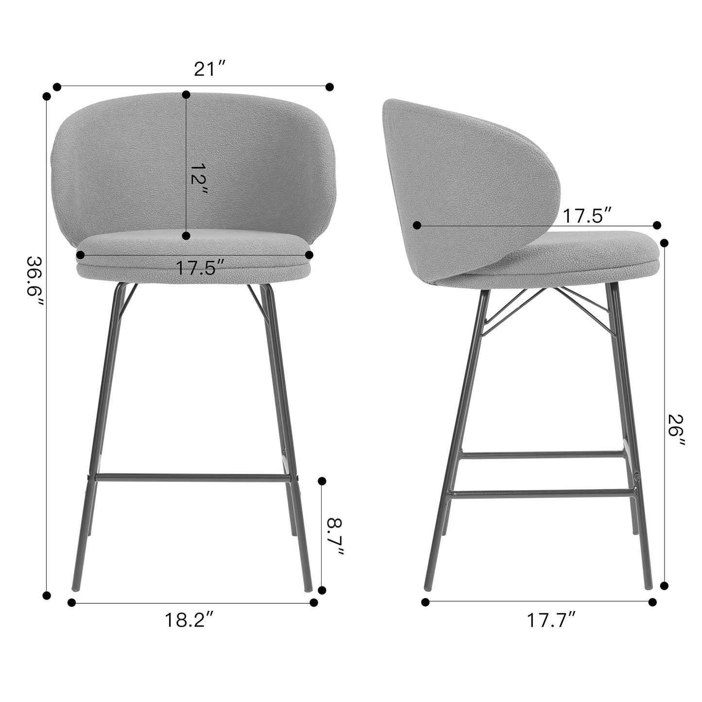 Set of 2 Baxter White Boucle Fabric Counter Stool with Black Iron Legs