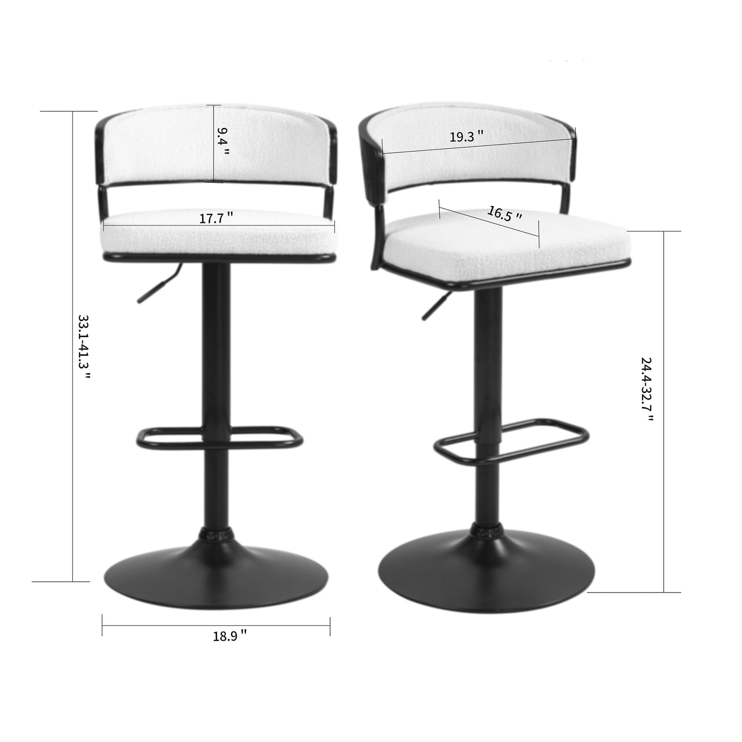 Bayle White Boucle Fabric Adjustable Bar Stool with Iron Pedestal