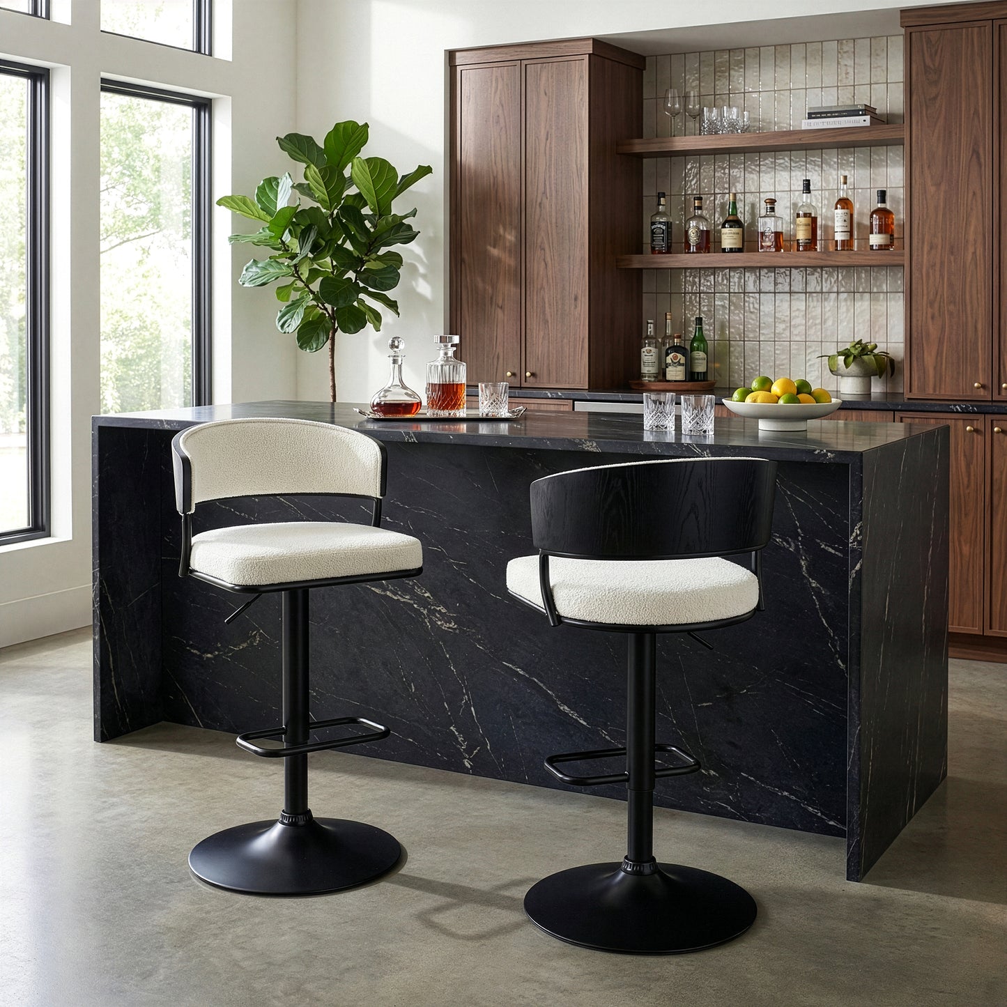 Bayle White Boucle Fabric Adjustable Bar Stool with Iron Pedestal