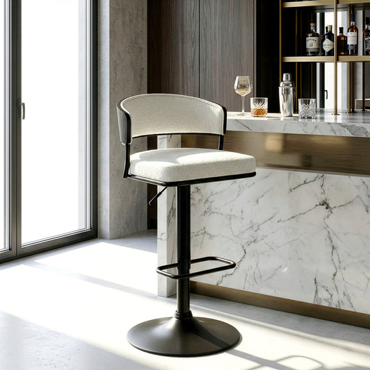 Bayle White Boucle Fabric Adjustable Bar Stool with Iron Pedestal