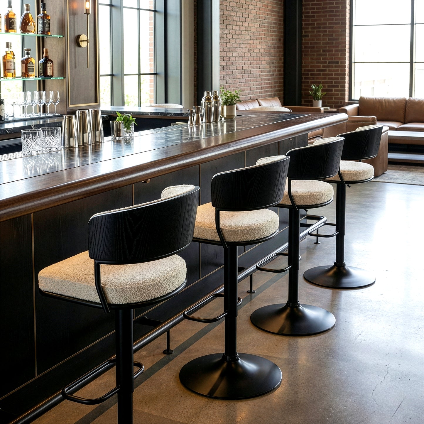 Bayle White Boucle Fabric Adjustable Bar Stool with Iron Pedestal