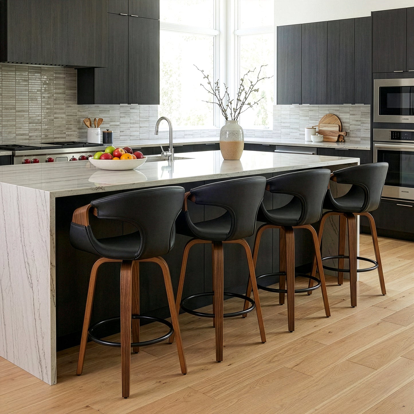 Baylor Black Faux Leather Counter Stool with Walnut Wooden Legs