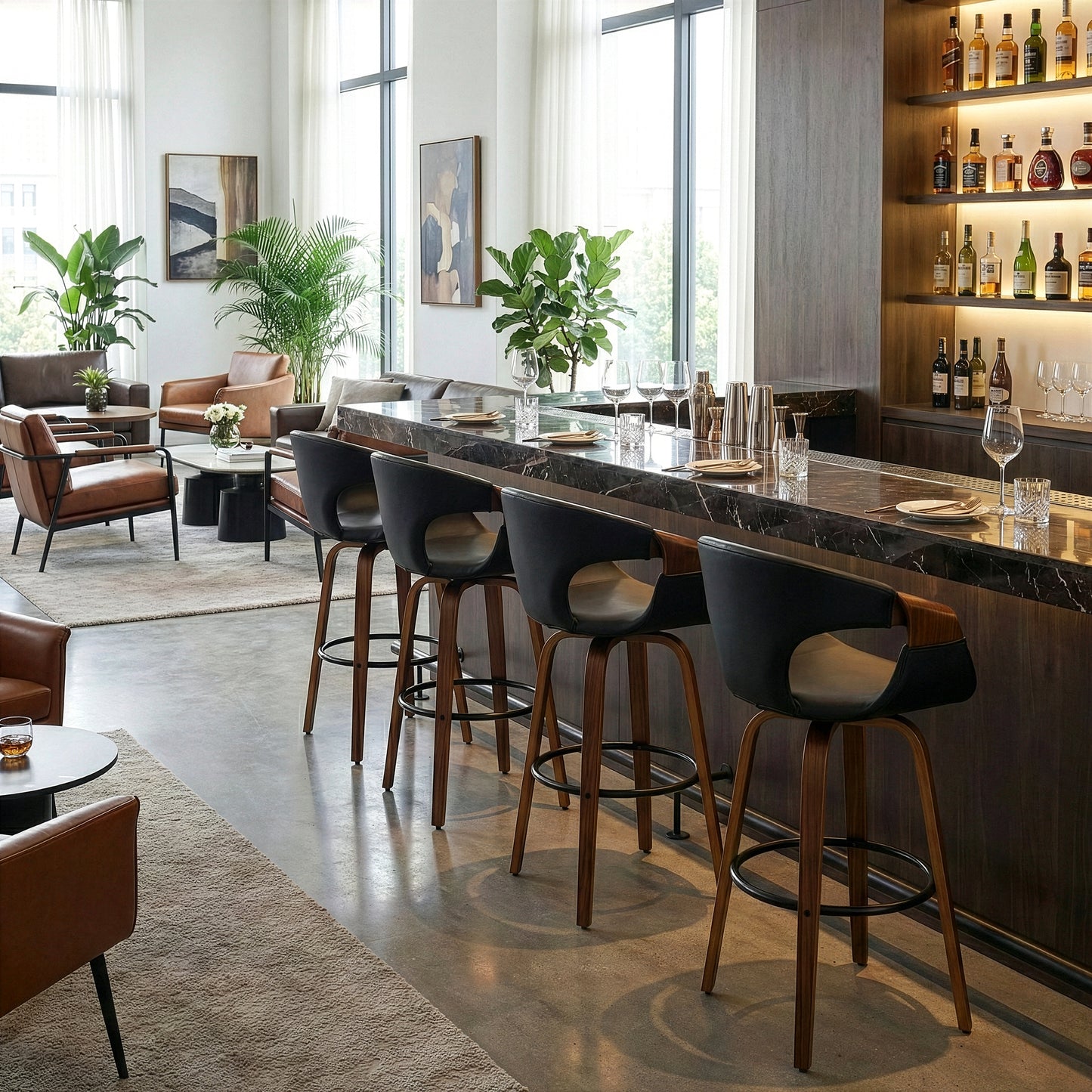 Baylor Black Faux Leather Bar Stool with Walnut Wooden Legs
