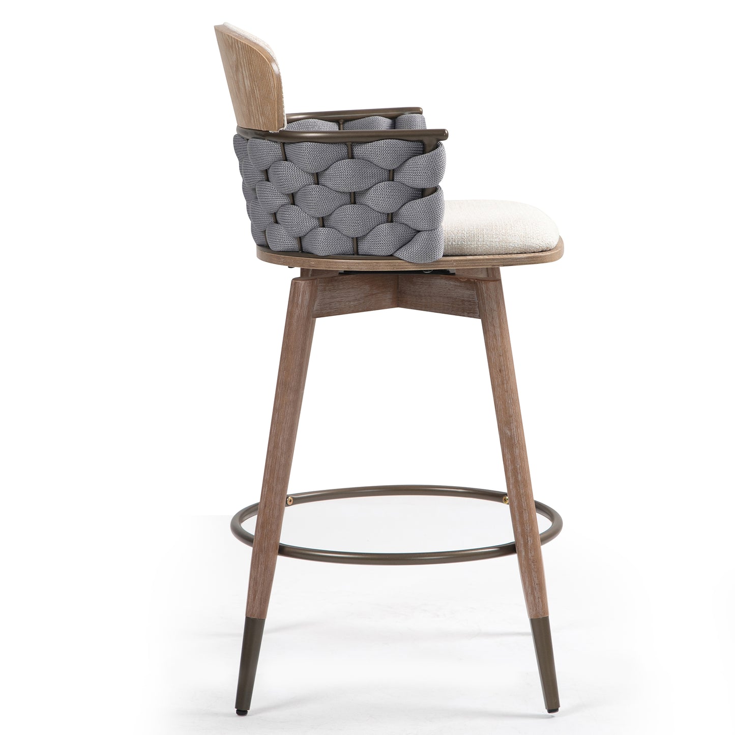 Bechor Beige and Gray Woven Fabric Counter Stool with Natural Wood Legs