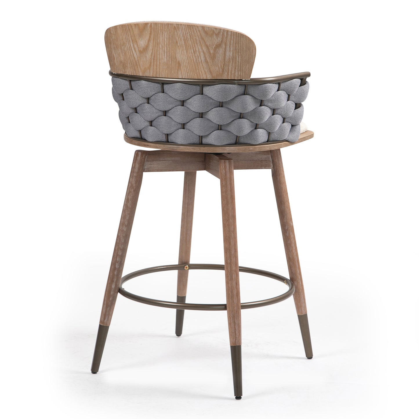 Bechor Beige and Gray Woven Fabric Counter Stool with Natural Wood Legs