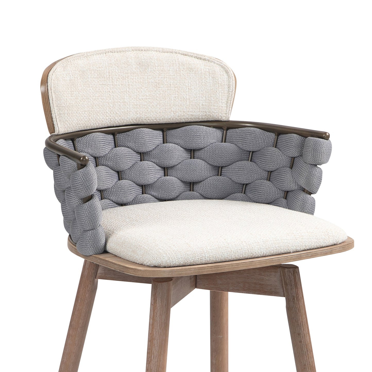 Bechor Beige and Gray Woven Fabric Counter Stool with Natural Wood Legs