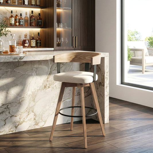 Beck Beige Linen Fabric Bar Stool with Natural Wood Backrest and Legs