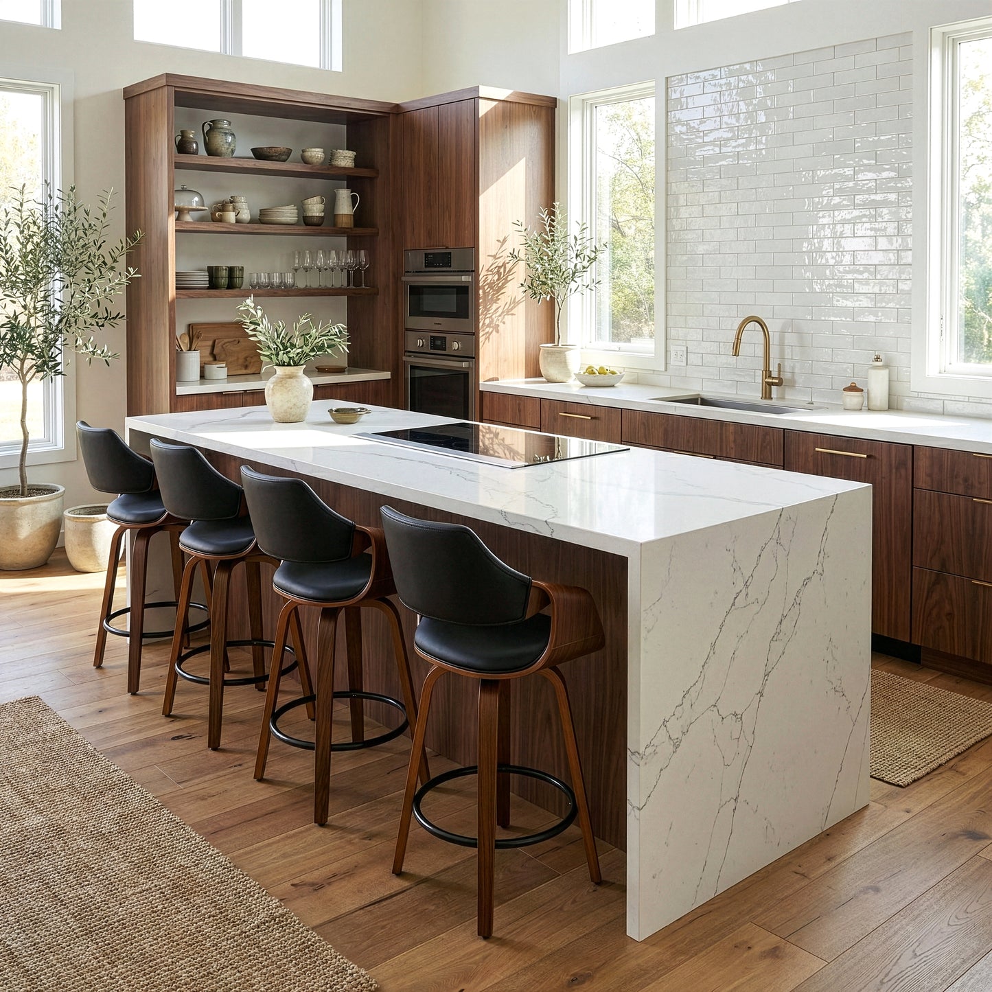 Beasley Black Faux Leather Counter Stool with Walnut Wood Legs