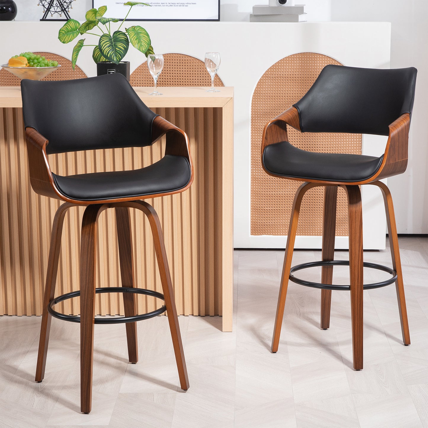 Beasley Black Faux Leather Bar Stool with Walnut Wood Legs