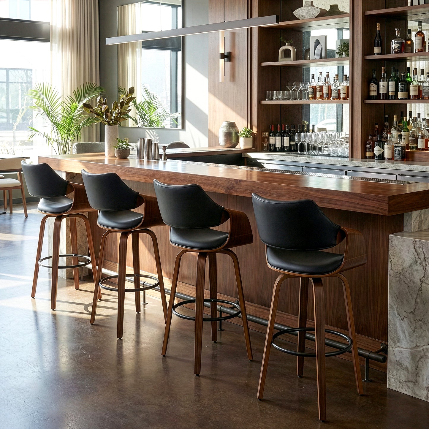 Beasley Black Faux Leather Bar Stool with Walnut Wood Legs