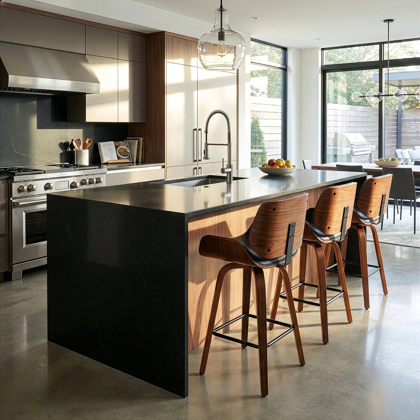 Beate Black Faux Leather Counter Stool with Walnut Wood Legs