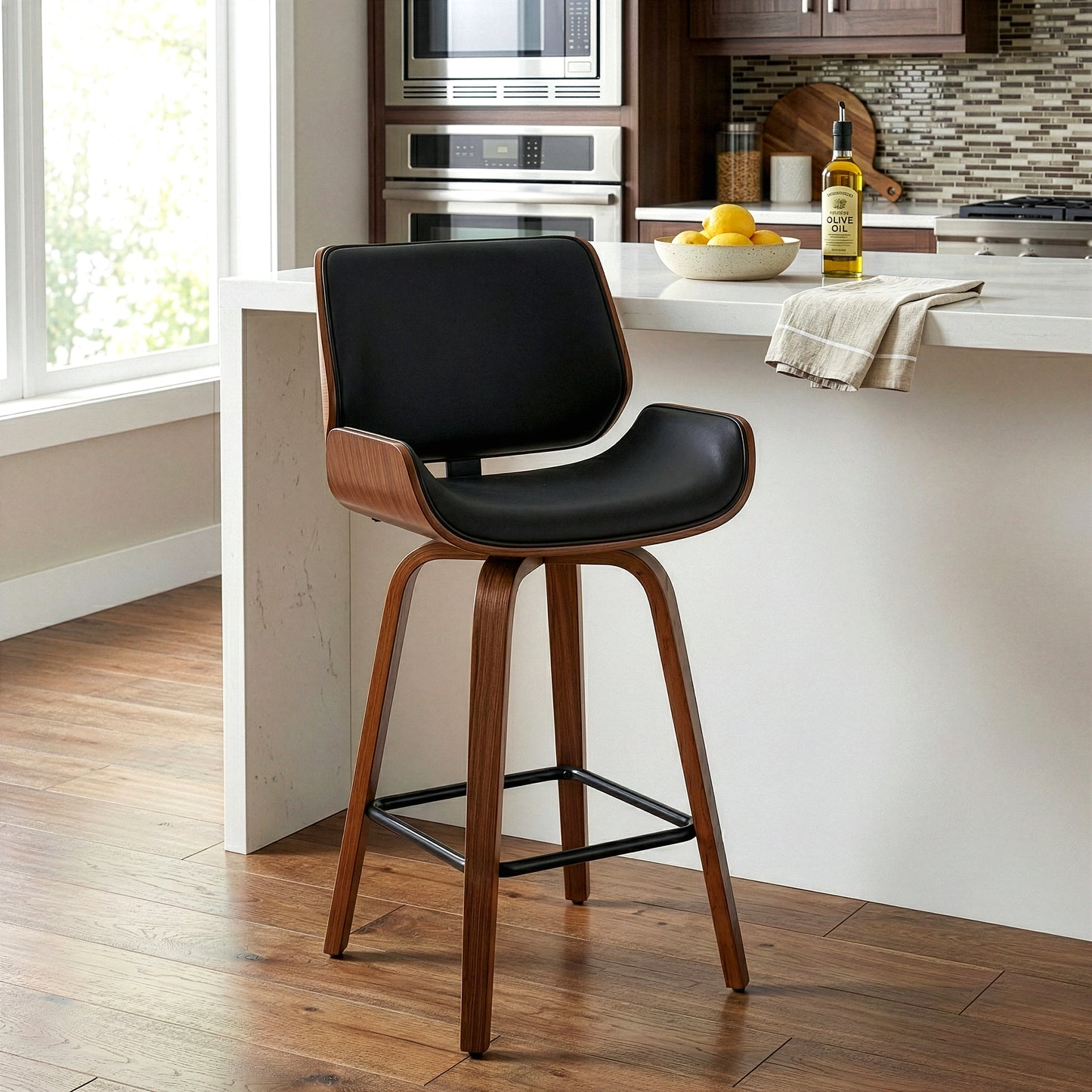 Beate Black Faux Leather Counter Stool with Walnut Wood Legs