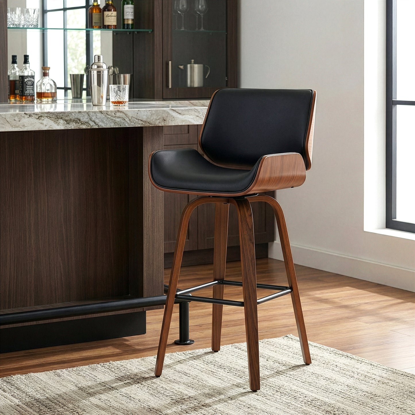 Beate Black Faux Leather Bar Stool with Walnut Wood Legs