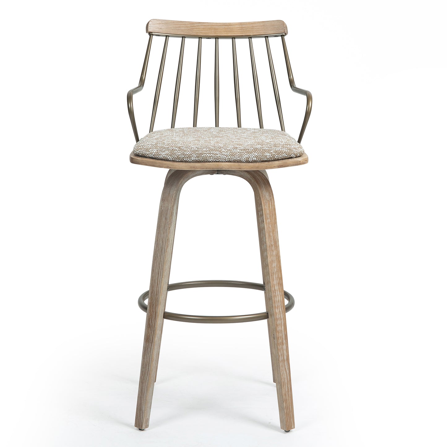 Beatrice Brown and White Woven Fabric Bar Stool with Natural Wood Legs