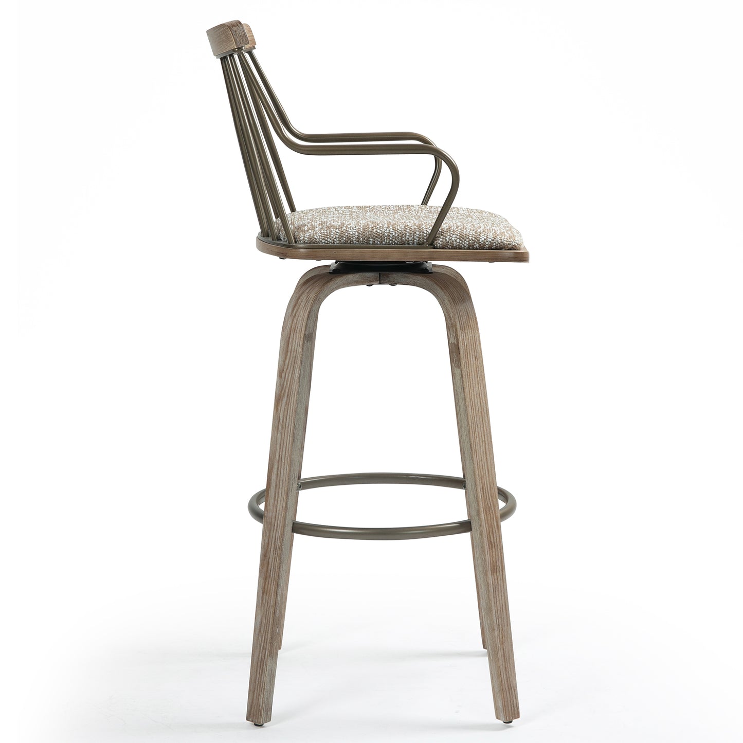 Beatrice Brown and White Woven Fabric Bar Stool with Natural Wood Legs