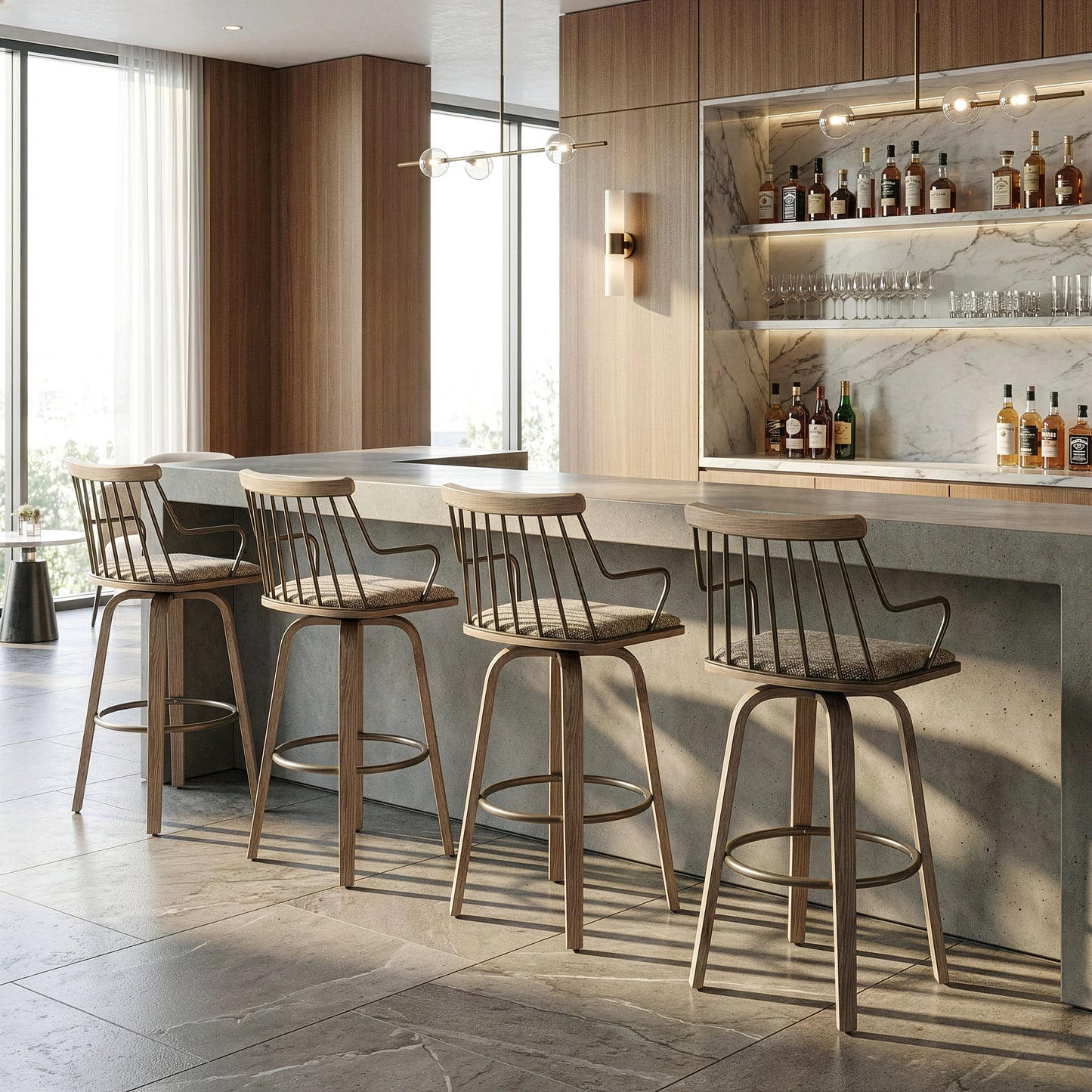 Beatrice Brown and White Woven Fabric Bar Stool with Natural Wood Legs