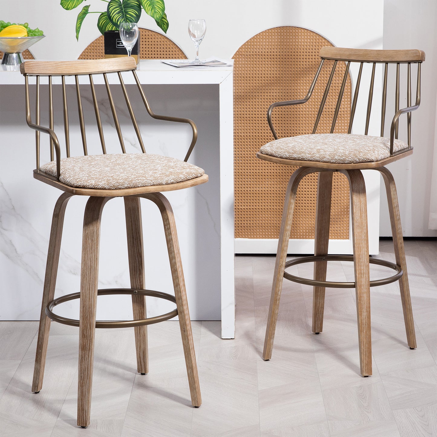 Beatrice Brown and White Woven Fabric Bar Stool with Natural Wood Legs